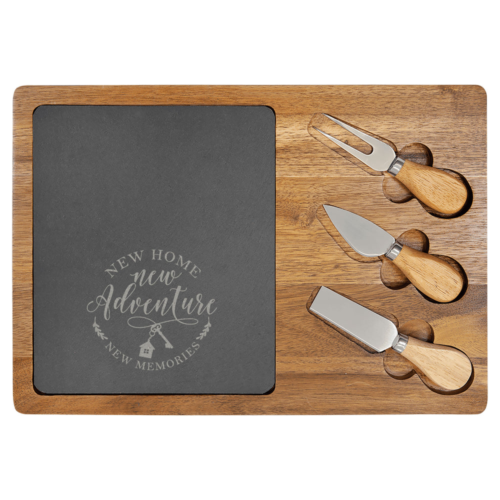Acacia Wood & Laser Engraved Slate Cheese Set - New Home