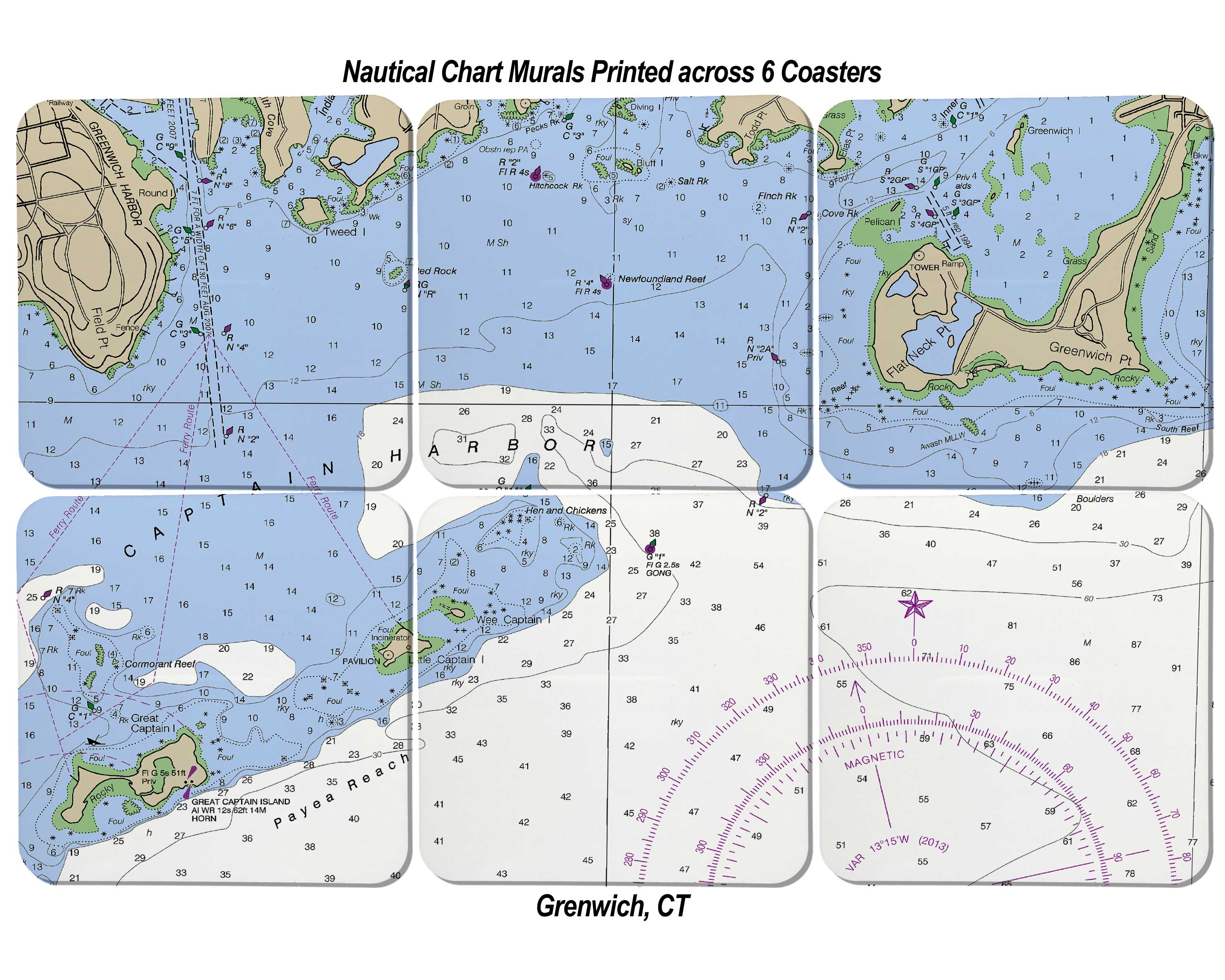 Nautical Chart Sandstone Coaster Murals - Set of 6 Coasters