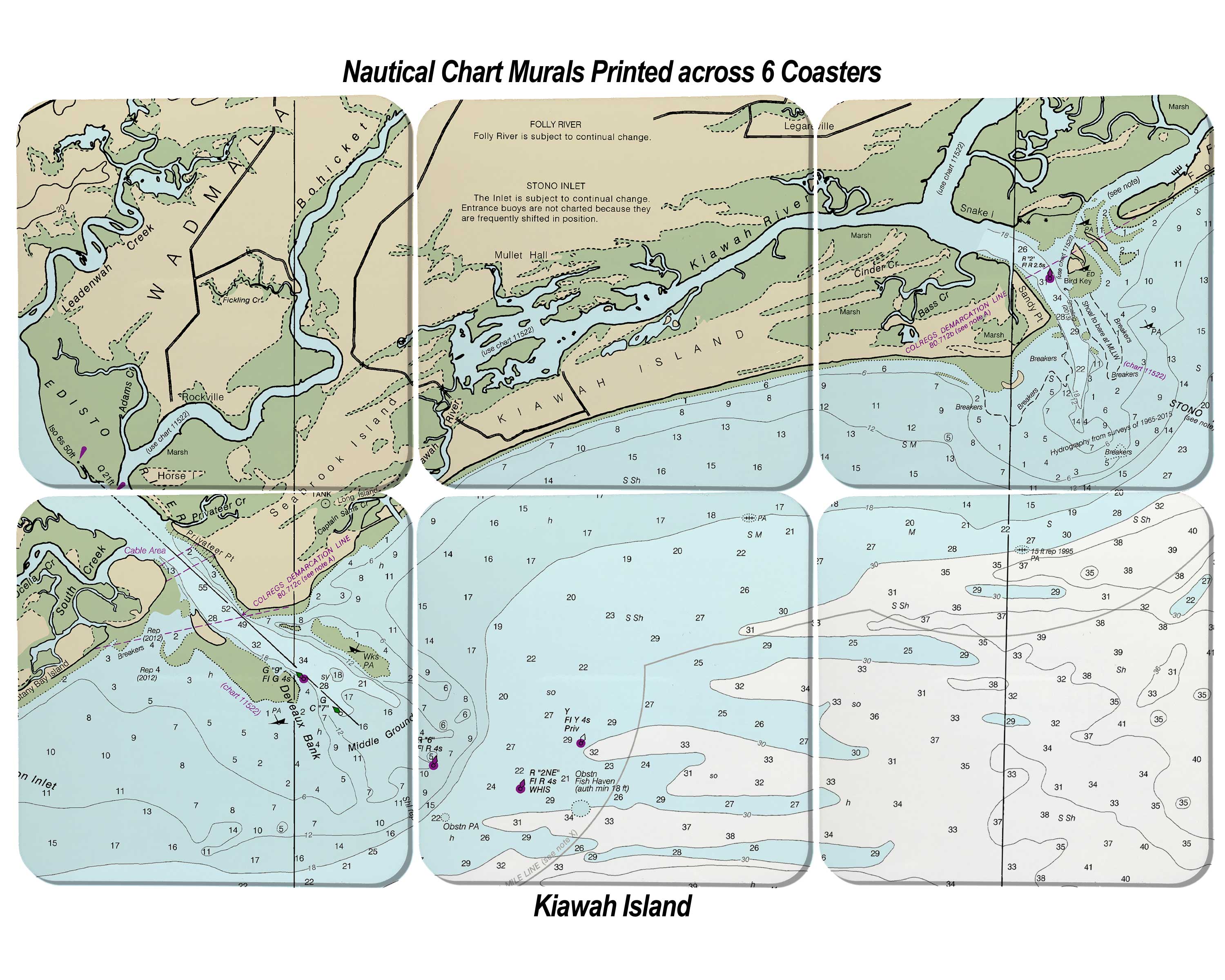 Nautical Chart Sandstone Coaster Murals - Set of 6 Coasters