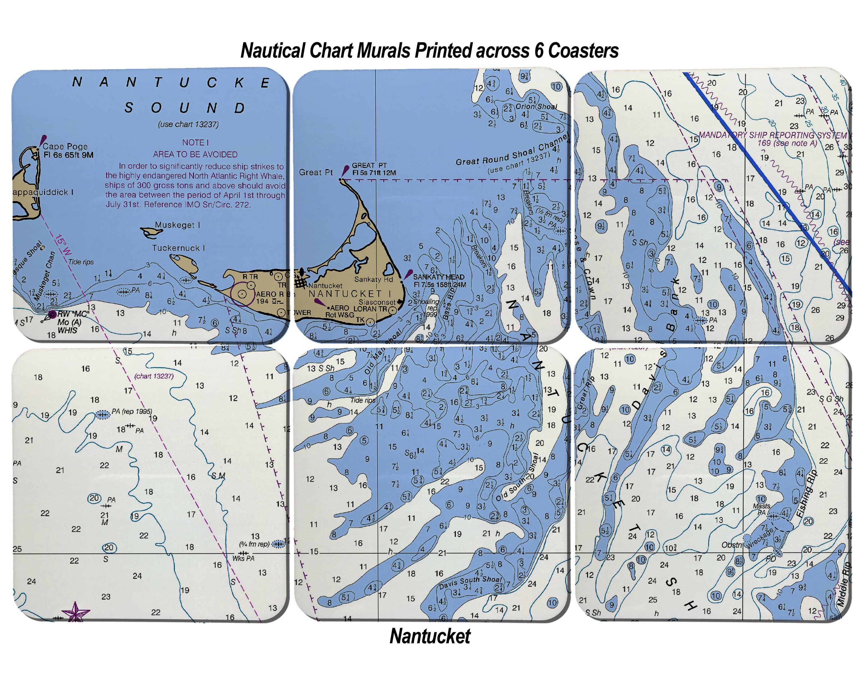 Nautical Chart Sandstone Coaster Murals - Set of 6 Coasters