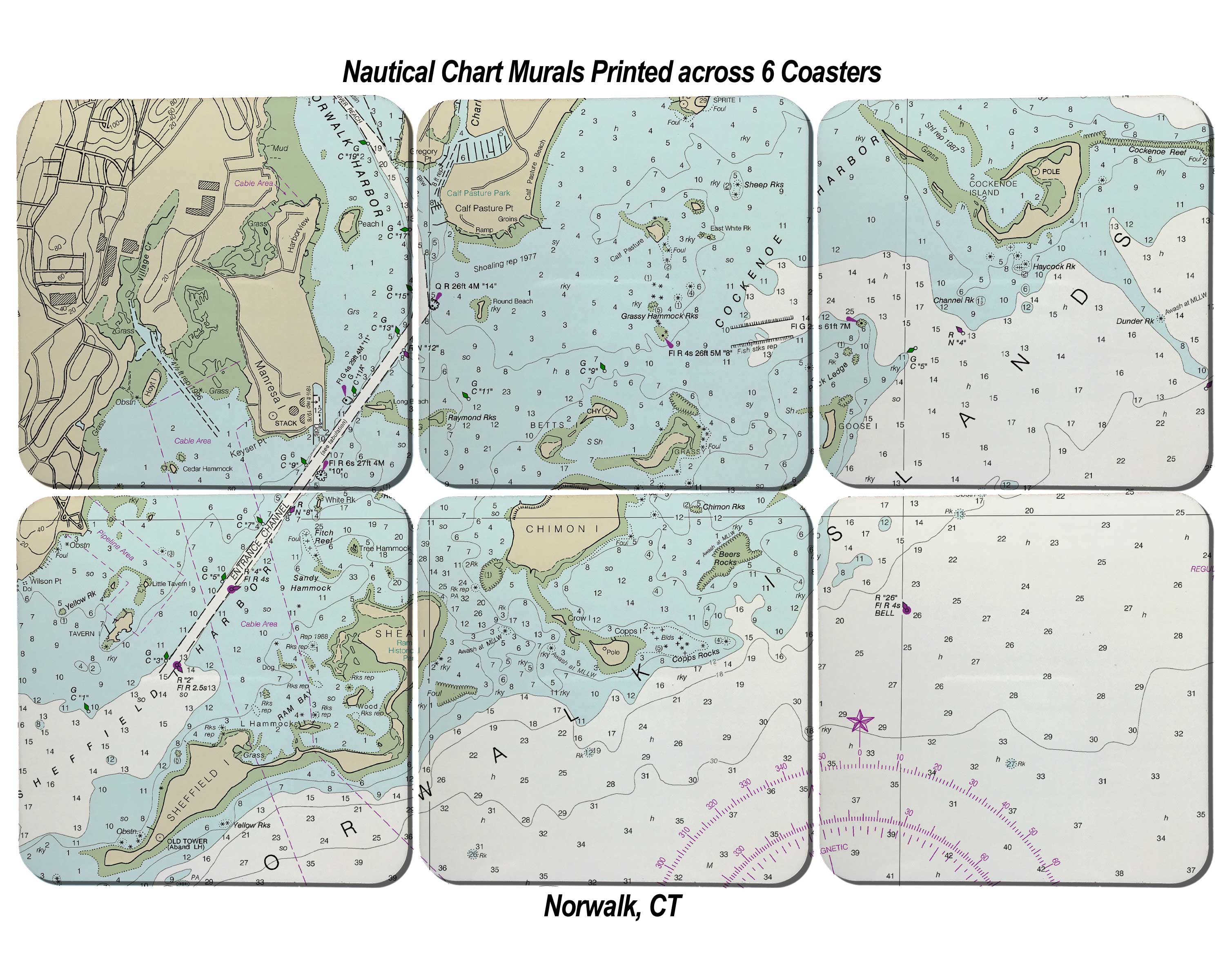 Nautical Chart Sandstone Coaster Murals - Set of 6 Coasters