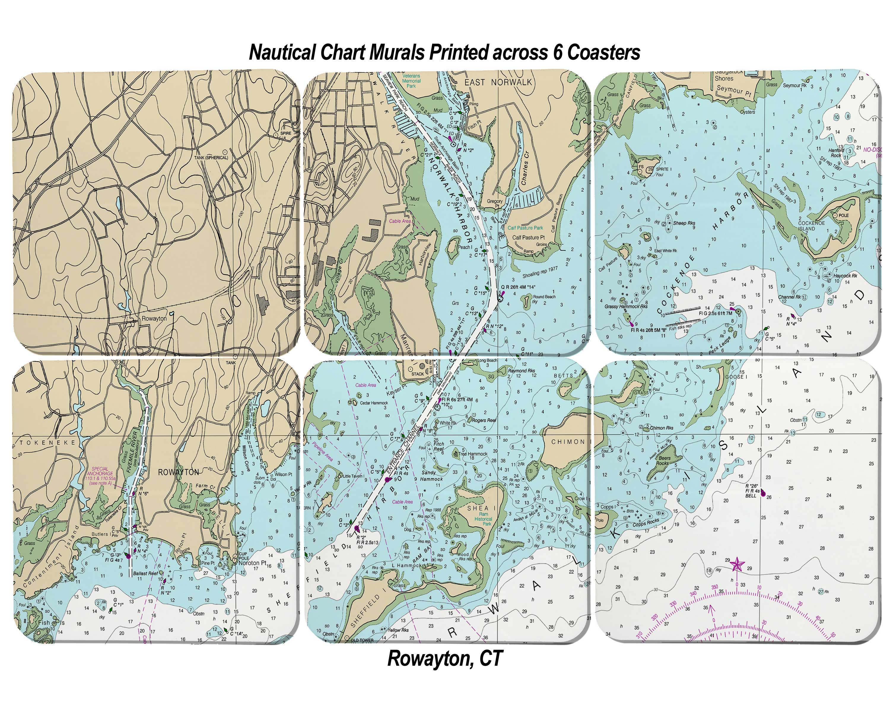 Nautical Chart Sandstone Coaster Murals - Set of 6 Coasters