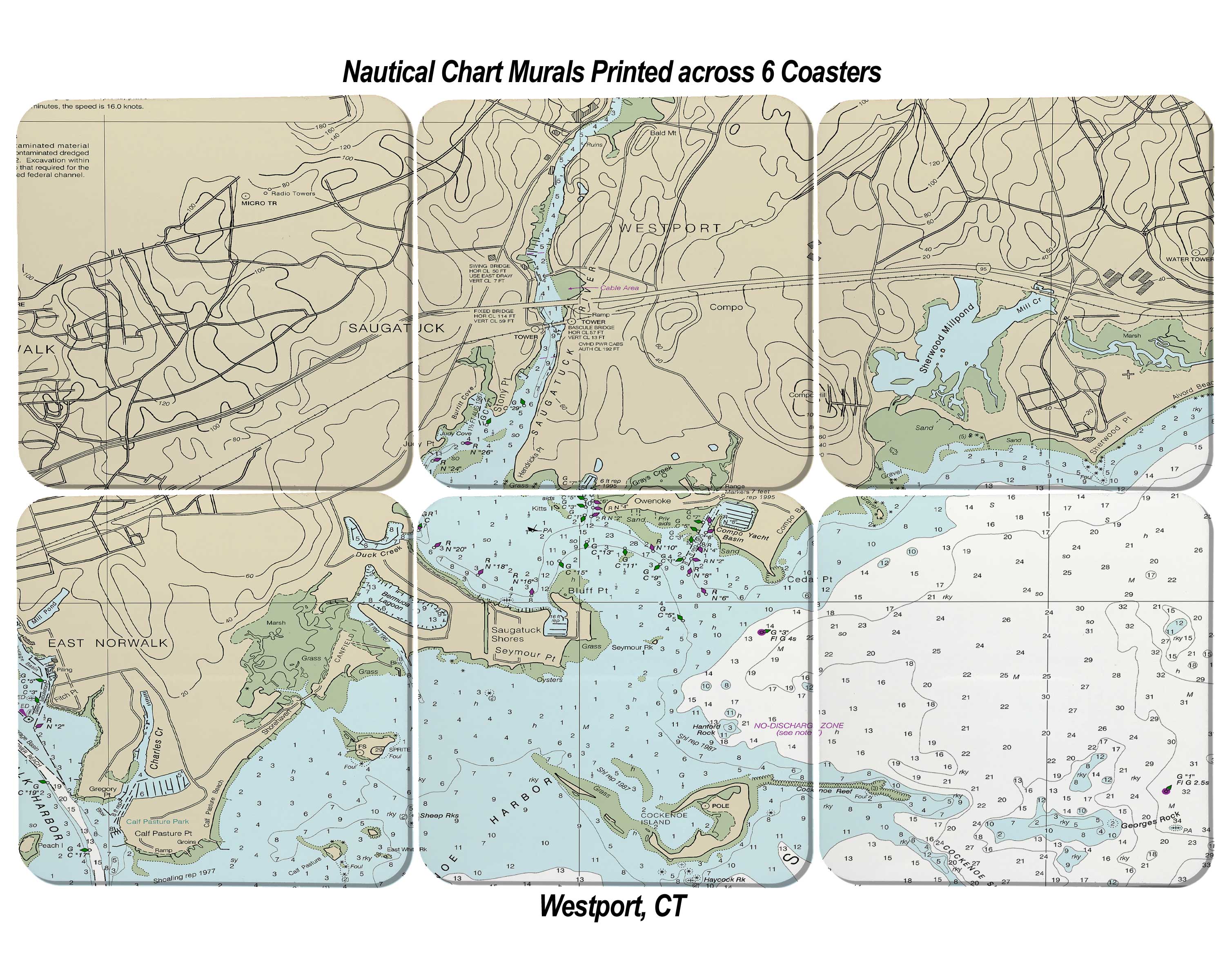 Nautical Chart Sandstone Coaster Murals - Set of 6 Coasters