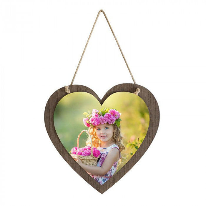 Hanging Wood Heart Sign with Glossy Metal Image