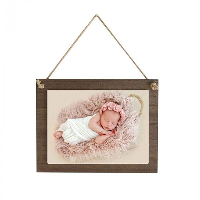 Hanging Wood Sign with Gloss Metal Image - Dark Wood