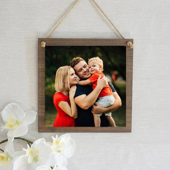 Hanging Wood Sign with Gloss Metal Image - Dark Wood